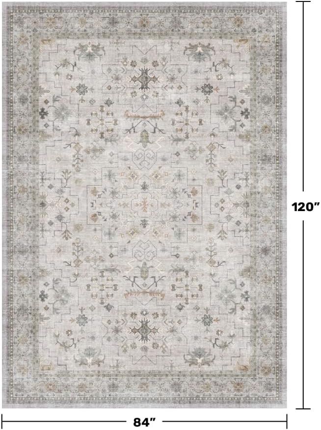 Boho Living Room Rug 7x10 - Washable Light Gray & Sage Area Rug for Dining Under Table, Low Pile Non-Slip Large Bedroom Carpet, Modern Eclectic Geometric Neutral Floral Décor - Image 2