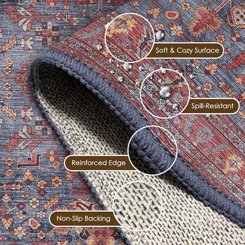 Washable Area Rug 6' x 9' Vintage Traditional Persian Mat - Foldable Distressed Non-Slip Machine Washable Carpet for Living Room Bedroom Kitchen Home Decor - Indigo and Crimson - Image 6