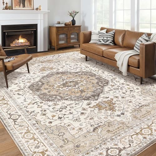Area Rug for Living Room - 8x10 Soft Washable Oriental Vintage Floral Distressed Large Carpet - Fade Stain Resistant Non Slip Rugs for Bedroom Dining Room Nursery Dorm Office Home Decor-Camel/Beige by homewill