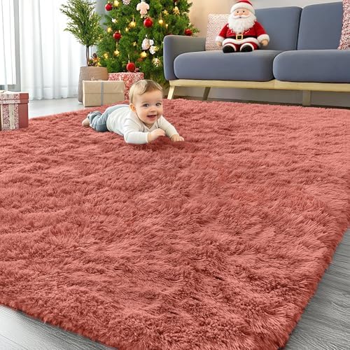OLANLY 8x10 Machine Washable Large Area Rugs for Living Room, Bedroom, Soft Fluffy Shaggy Bedside Rug, Indoor Floor Carpet for Kids Girls and Boys, Dorms, Nursery, Home Decor Aesthetic, Rust Red by OLANLY