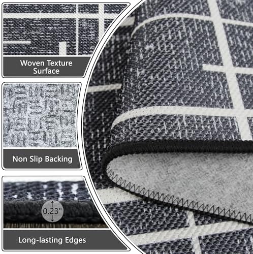Modern Kitchen Runner Rug Non Slip 2.6x8, Washable Distressed Stripe, Hallway Runner, Woven Thin Low Pile Carpet Runners for Hallway 8ft Entryway, Kitchen, Walkway- Midnight Black - Image 4