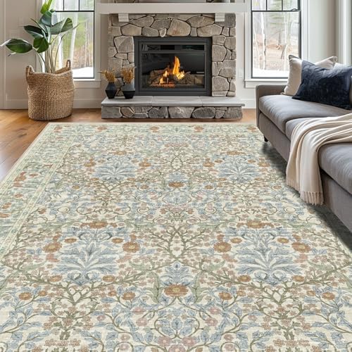 9x12 Washable Area Rugs for Living Room Soft Carpet (Beige Blue) - Image 2