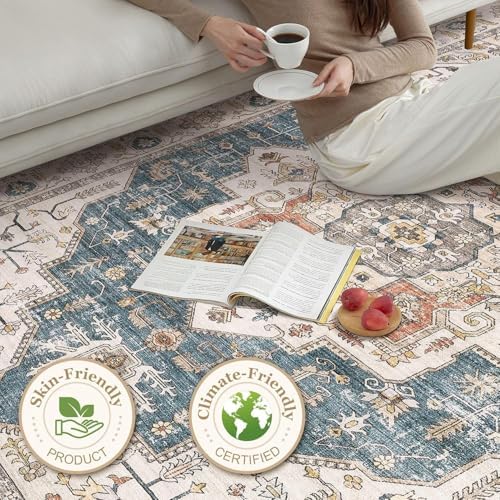 8x8 Square Area Rug: Washable Vintage Blue Area Rug for Living Room - Image 5
