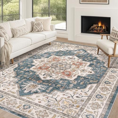 10x14 Area Rug for Living Room: Washable Vintage Soft Blue Rug by ZUNTKON