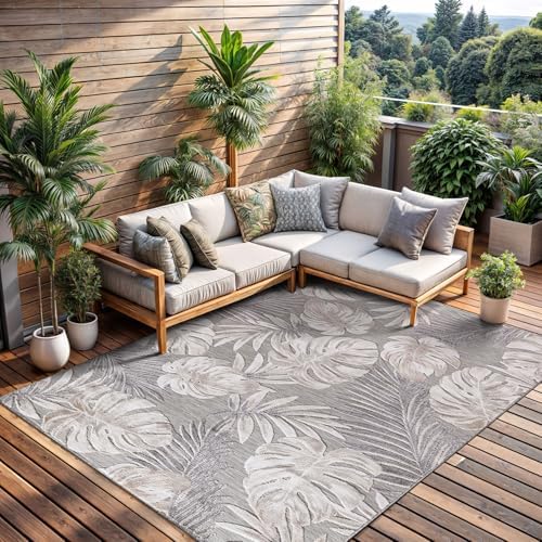 CAMILSON Indoor Outdoor Rug, Beige 5x7 Leaf Tropical Botanical Area Rugs for Indoor and Outdoor patios, Easy-Cleaning Non-Shedding Living Room, Garden and Kitchen Washable Outside Carpet (5 x 7) by CAMILSONIndoorOutdoorAreaRugs