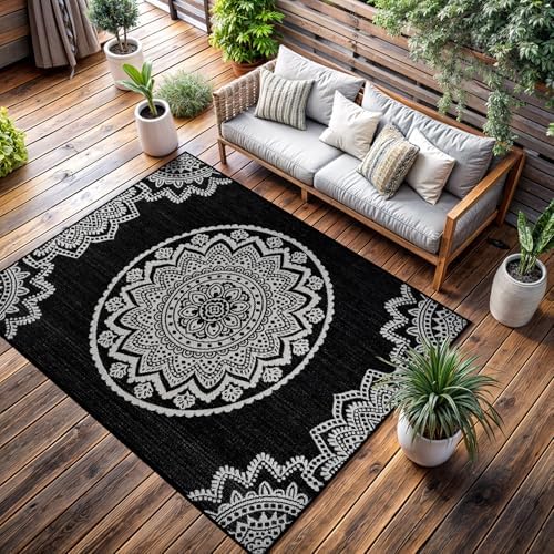 CAMILSON Outdoor Rug 6x9 Modern Area Rugs for Indoor and Outdoor Patios and Porches - Waterproof Washable Non-Shedding Easy-to-Clean Outside Carpet (6 x 9 Medallion - Black/White) - Image 6