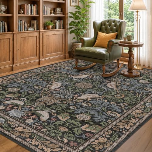 Hazo Haus Vintage Floral & Bird Washable Area Rug 5x7 - Dark Green Traditional Forest Distressed Antique Rugs for Living Room, Bedroom, Dining Room, Non-Slip Stain Resistant Low Pile by HazoHaus