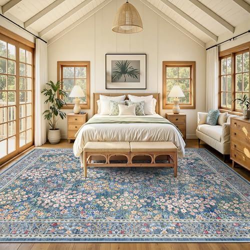 8x10 Area Rugs, Machine Washable Low Pile Floral Rugs for Living Room, Bedroom, Large Boho Area Rug with Non-Slip Backing for Dining Room(Blue Floral) - Image 3