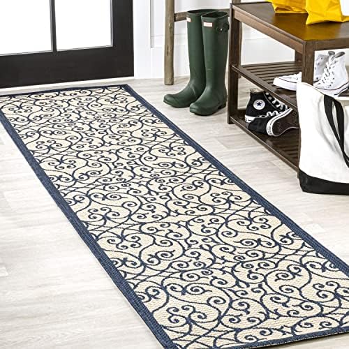 JONATHAN Y Vintage Filigree Indoor Outdoor Runner Rug 2X10 Navy/Beige, Madrid Textured Weave for Backyard, Patio, Porch, Easy-Cleaning, High Traffic, Pet-Friendly, Non-Shedding (SMB107G-210) by JONATHANY