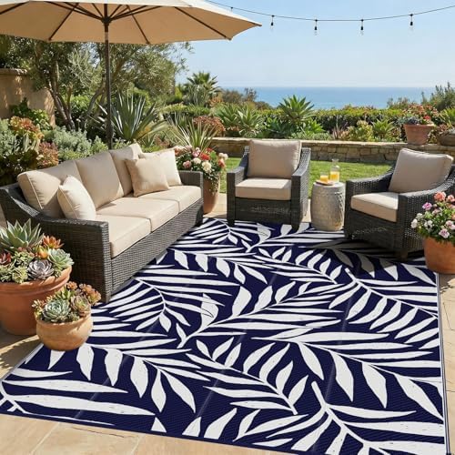 Smiry Outdoor Rug 9x12 ft Waterproof Reversible Leaf Mat, Navy & White by Smiry
