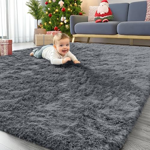 OLANLY 5x5 Area Rugs for Living Room Bedroom, Machine Washable Soft Fluffy Shaggy Bedside Rug, Indoor Floor Carpet for Kids Girls and Boys, Dorms, Nursery Rooms, Home Decor Aesthetic, Grey by OLANLY