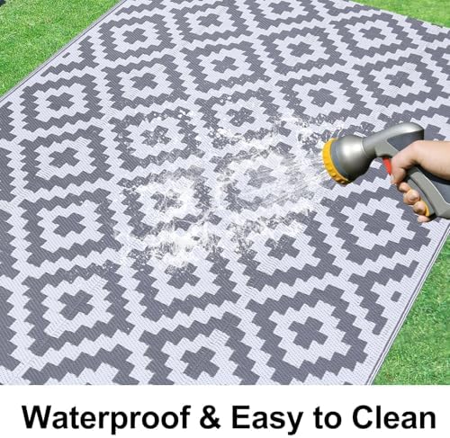Smiry Outdoor Rug 5x8 ft Waterproof Reversible Boho Mat, White & Grey - Image 2
