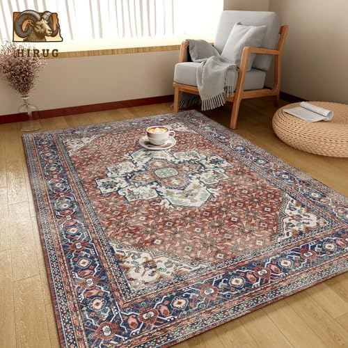 Washable Area Rug 3' x 5 ' Vintage Traditional Persian Mat - Foldable Distressed Non-Slip Machine Washable Carpet for Living Room Bedroom Kitchen Home Decor - Terracotta and Navy - Image 4