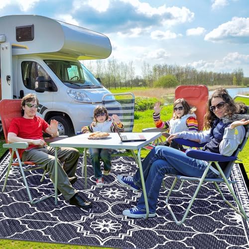 6x9Ft Outdoor Rug, Solar Powered Outdoor Rug with 94LEDs Strip Lights for House Deck, Waterproof Plastic Reversible Outdoor Straw Rugs, Rugs Mat RV Camping Patio Beach Balcony Picnic (Blue White) - Image 5