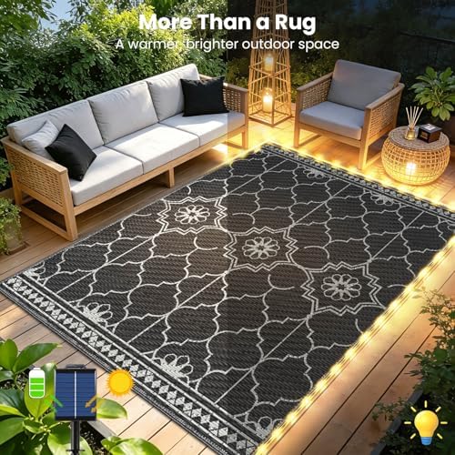 9x12Ft Outdoor Rug, Solar Powered Outdoor Rug with 131LEDs Strip Lights for House Deck, Waterproof Plastic Reversible Outdoor Straw Rugs, Rugs Mat RV Camping Patio Beach Balcony Picnic (Black Gray) - Image 3