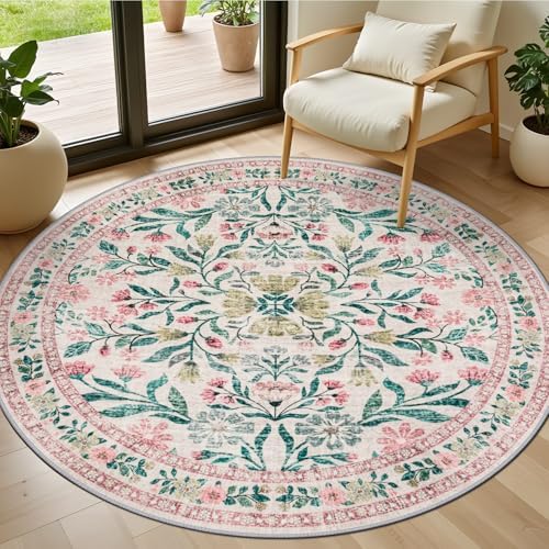 PLHXFR Round Area Rug Living Room: 4 ft Floral Washable Carpet Pink Green by PLHXFRSoftAreaRugs