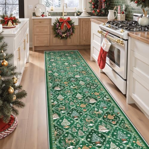 Madane Christmas Hallway Runner Rug 2x8, Soft Washable Green Kitchen Rugs by Madane
