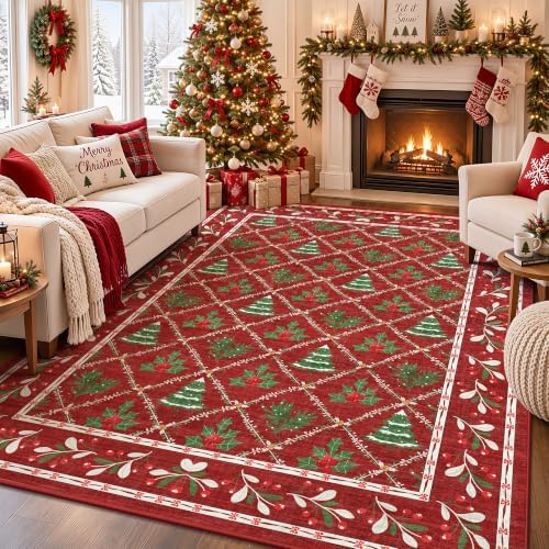 Red Christmas Rug 5x7 for Living Room, Bedroom, Playroom, Nursery Room Machine Washable Low Pile with Non-Slip Backing Christmas Decor for Home (Xmas Red) by Yarooge