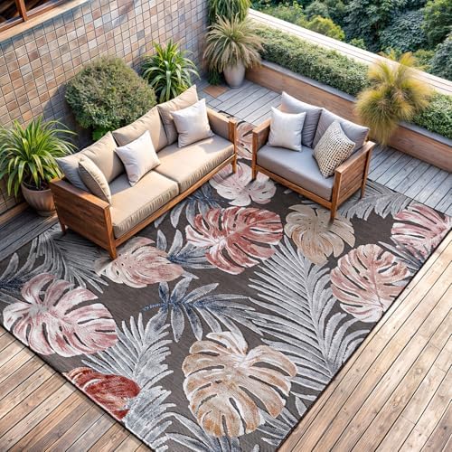 CAMILSON Indoor Outdoor Rug, Brown 9’x12’ Leaf Tropical Botanical Area Rugs for Indoor and Outdoor patios, Easy-Cleaning Non-Shedding Living Room, Garden and Kitchen Washable Outside Carpet (9x12) - Image 5
