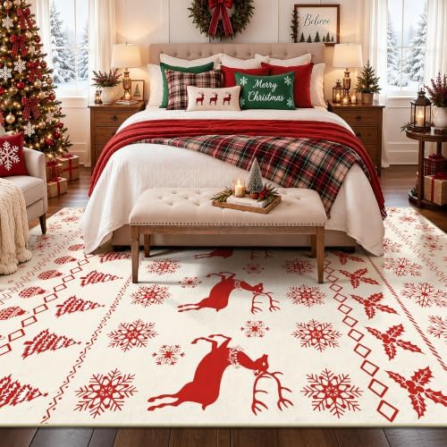Christmas 5x7 Area Rugs for Living Room, Washable Rug Soft Non-Slip Low Pile Christmas Tree Elk Snowflake Carpet for Kitchen Bedroom Kids Nursery Holiday Throw Home Decor(Red/Cream Elk) - Image 4