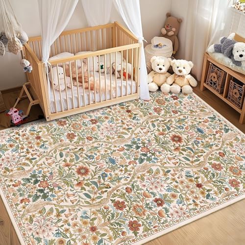 Floral Area Rug 5x7 Washable Botanical Carpet for Living Room - Image 3