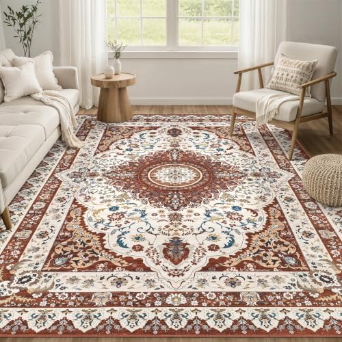 Washable 5x7 Area Rugs: Red Rug for Living Room by ZUNTKON