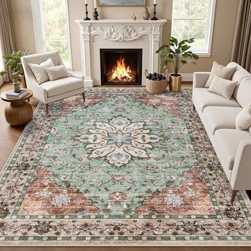 9x12 Area Rugs Living Room: Washable Rug for Bedroom Brown Green by EXPEDIX
