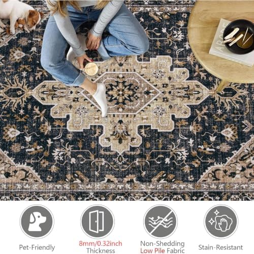 Area Rugs 9x12 Vintage Rug: Large Washable Living Room Rug Retro Medallion Distressed Soft Low Pile Non-Slip Indoor Floor Carpet for Bedroom Dining Table Office (BeigeBlack,9'x12') - Image 6