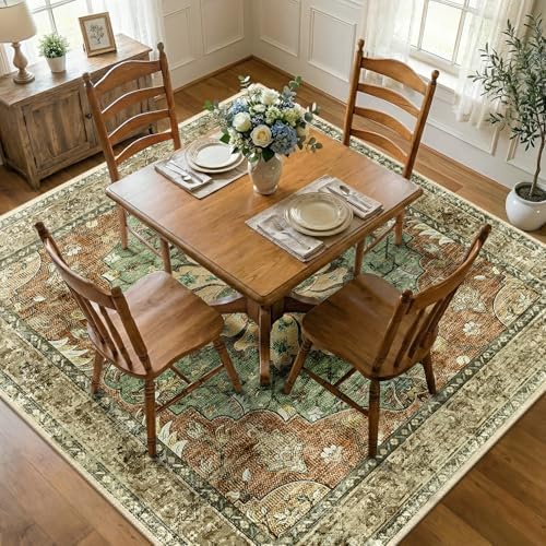 RELEANY Washable Area Rug, Square 7'x7', Brick/Brown/Green by RELEANY