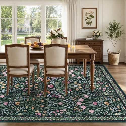 Tosuoka 6x9 Area Rugs Washable Floral Rug Boho Dark Green Carpet Farmhouse - Image 3