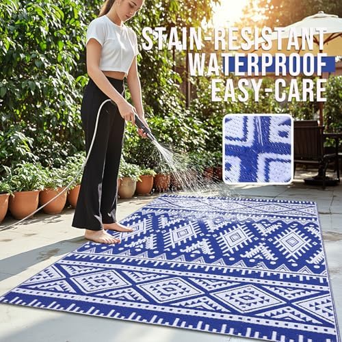 OLANLY Outdoor Rug 4x6 ft Waterproof Reversible Boho Mat, Blue & White - Image 3