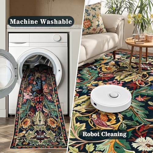 nesrt Jungle Living Room Area Rug 6x9,Boho Washable Floral Large Bedroom Rugs Non Slip, Soft Faux Wool Botanical Woodland Birds Carpet for Kids Playroom Dining Room Dorm Nursery Office (Dark Green) - Image 6
