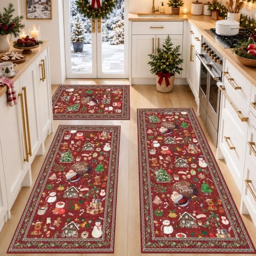 Christmas Kitchen Rugs Sets of 3: Non-Slip Washable Kitchen Mat Holiday Runner Rug for Sink,Entryway,Hallway - Soft Low Pile Carpet Runner for Housewarming(Christmas Red,2x3+2x4+2x5) by YOUFORTONG