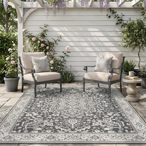 AMOAMI-Outdoor Rug-Patio Rug 6x9 ft Quick Dry Flatweave Textured Machine Washable Outdoor Carpet with Rubber Particles Backing Vintage Outdoor Area Rug for Patio Deck Front Porch Balcony Greyish Black by AMOAMI