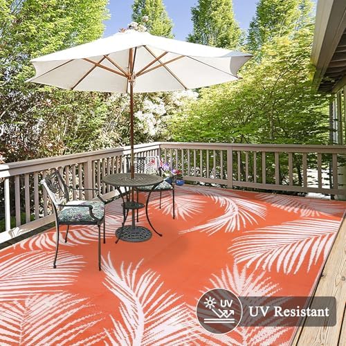 Pauwer Waterproof Outdoor Rug 6x9, Plastic Straw Patio Mat, Leaf Orange - Image 4