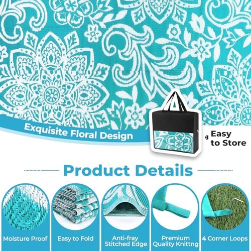 Findosom Waterproof Outdoor Rug 6' x 9' - Reversible Mandala Outdoor Plastic Straw Rug, Durable Foldable Patio Rug for RV, Deck, Balcony, Backyard, Picnic, Porch, Camping, Beach, Blue - Image 5