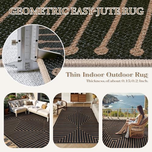 Lahome 8x10 Indoor Outdoor Rug, Black Easy Jute Farmhouse Geometric Rug - Image 3