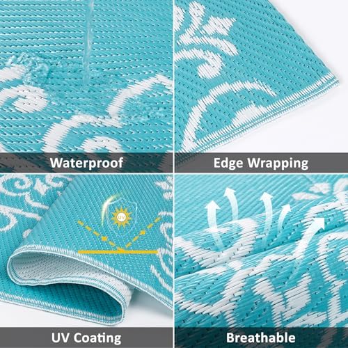 Pauwer Outdoor Rug 5x8, Waterproof Plastic Straw Camping Rug, Floral Teal - Image 3