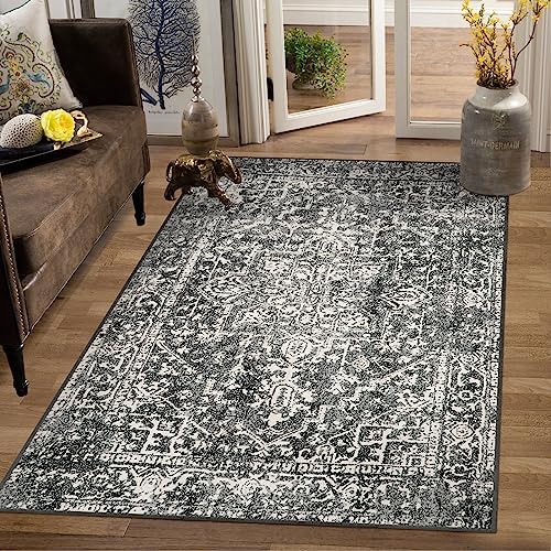 Morebes Boho Black 4x6 Rug for Living Room, Machine Washable Area Rug for Bedroom Non Slip, Medallion Vintage Stain-Resistant Soft Low Pile Indoor Carpet for Office Kitchen Entryway by Morebes