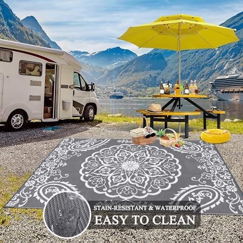 Pauwer Outdoor Rug 5x8, Waterproof Plastic Straw Camping Rug, Boho Grey - Image 5