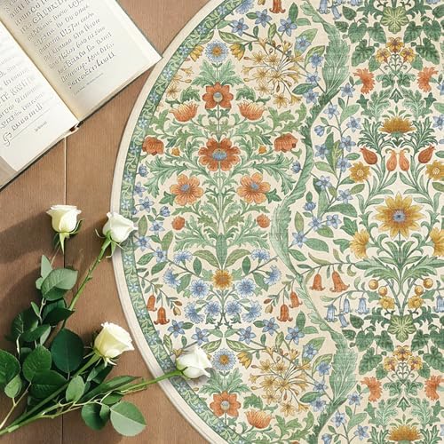 Round Rug 4ft Floral Circle Rug Green Botanical Indoor Area Rugs - Image 4