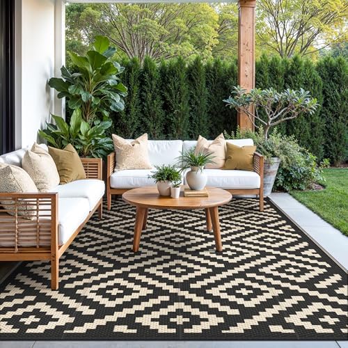 GENIMO Outdoor Rug, Waterproof Plastic Rugs for Patio, 5'x8' Black Beige - Image 6