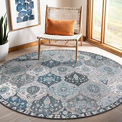 Lahome Moroccan Washable Round Area Rug, Soft Blue Vintage Round Rugs 6ft by Lahome