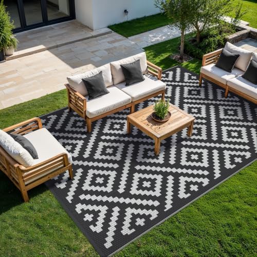 GENIMO Outdoor Rug, Waterproof Plastic Rugs 9'x12' for Camping Black White - Image 2