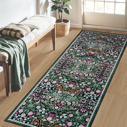 PLHXFR 2.6x8 Washable Runner Rug：Floral Indoor Kitchen Carpet Dark Green - Image 3