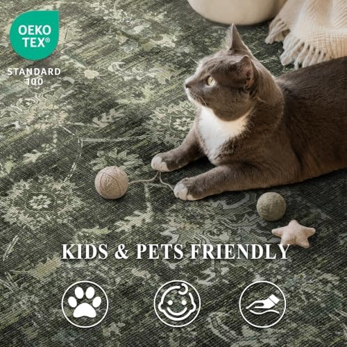 3x14 Washable Kitchen Runner Rug Soft Vintage Dark Green Throw Carpet - Image 5
