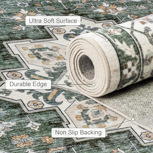 Round Area Rug for Living Room: 8ft Boho Washable Rug Green Ivory - Image 6
