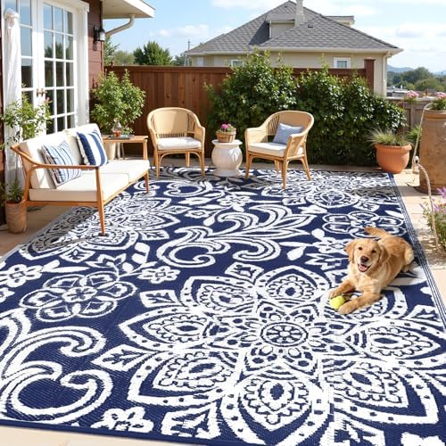 Findosom Waterproof Outdoor Rug 8' x 10' - Reversible Mandala Outdoor Plastic Straw Rug, Durable Foldable Patio Rug for RV, Deck, Balcony, Backyard, Picnic, Porch, Camping, Beach, Navy by Findosom