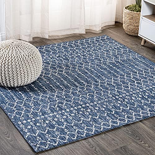 JONATHAN Y Moroccan Geometric Indoor Outdoor Square Area Rug 8X8 Navy/Light Gray, Ourika Textured Weave for Backyard, Patio, Porch, Easy-Cleaning, High Traffic, Pet-Friendly, Non-Shedding SMB108B-8SQ by JONATHANY
