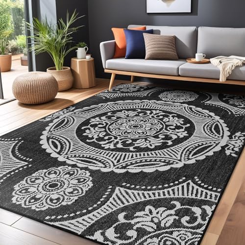 Luul Home Medallion Outdoor Rug 10x14 Washable Outside Carpet for Indoor Patio Porch Waterproof Easy Cleaning Non Shedding Area Rugs Black 10 x 14 - Image 5